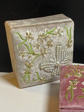 Vintage Style Embroidered Velvet Champagne Butterfly Beaded Trinket Case